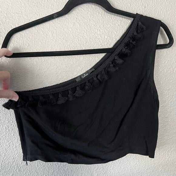 Lulus Line In The Sand Black One-Shoulder Tassel Crop Top Linen Blend Womens Med - Picture 2 of 7